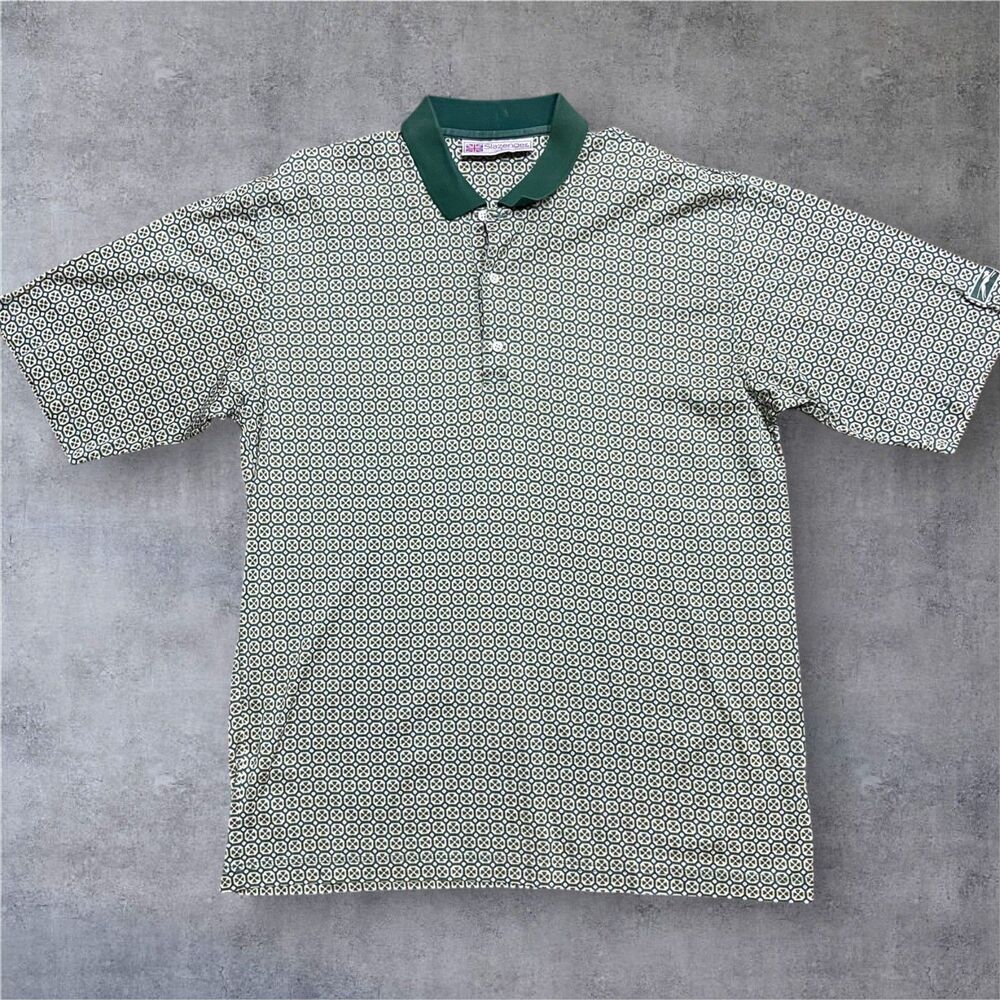 Slazenger Vintage 90s Geometric Green Tan Polo Shirt Cotton Men's Size Large